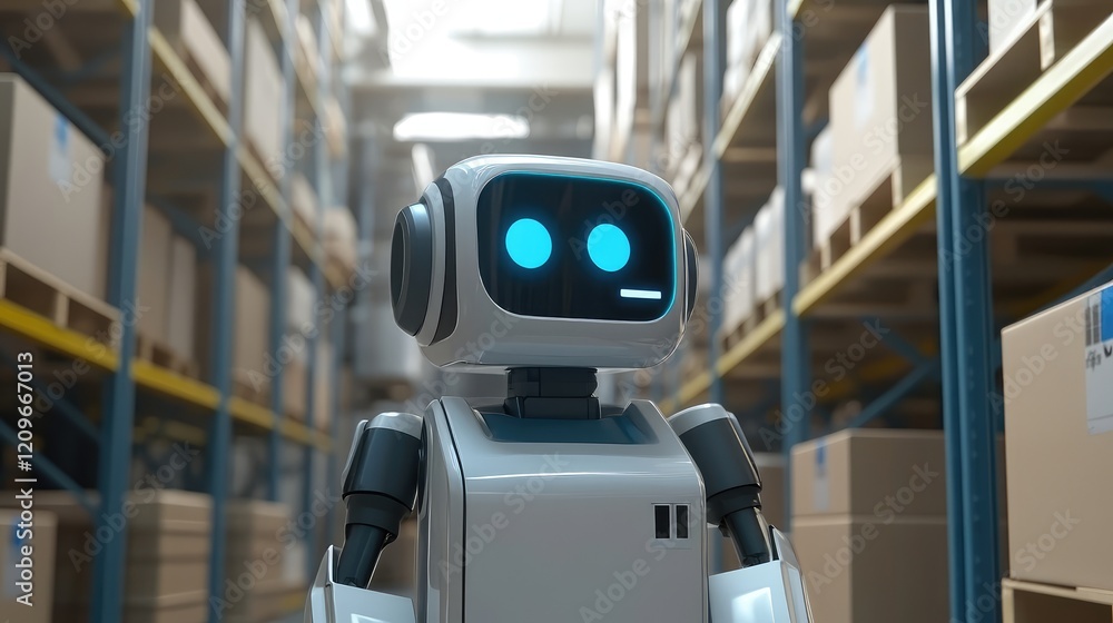 Poster advanced robotic sorting system in industrial warehouse with automated features and smart technology