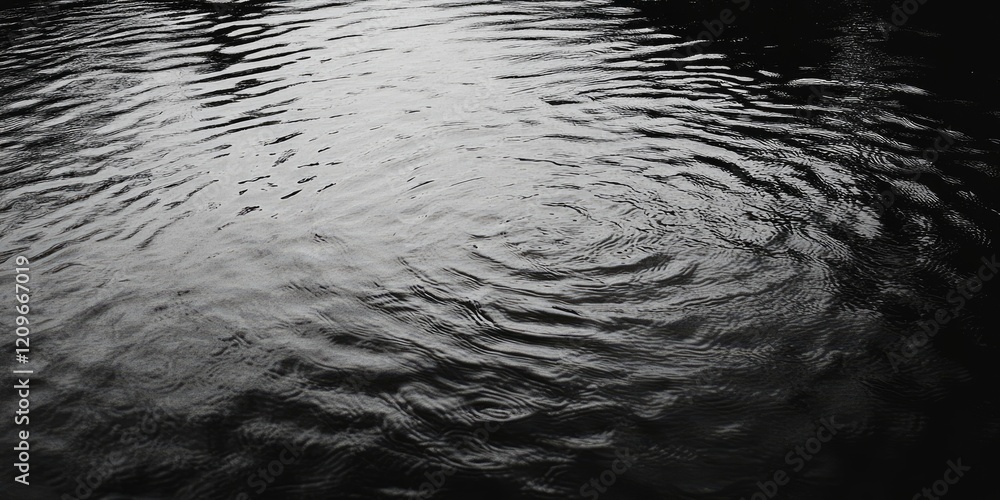 Poster rippling water surface in shades of gray, circular patterns radiating from center, calm yet dynamic 