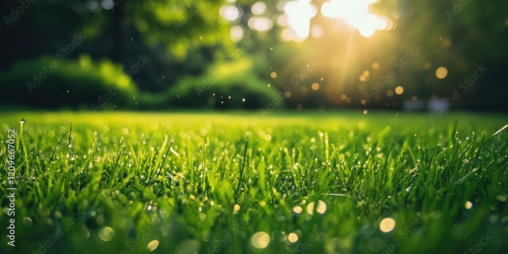 Poster lush green grass with selective focus and shallow depth of field illuminated by soft sunlight creati