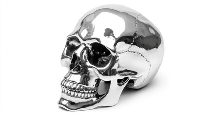 Shiny silver human skull isolated on white background reflecting light and showcasing detailed anatomical features for artistic and educational use