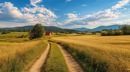 Obraz premium Tranquil summer rural landscape with golden fields and a scenic pathway leading to distant mountains under a bright blue sky