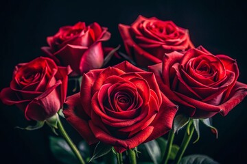 Obraz premium Dramatic Low-Light Red Roses on Black Background - Luxurious Floral Stock Photo