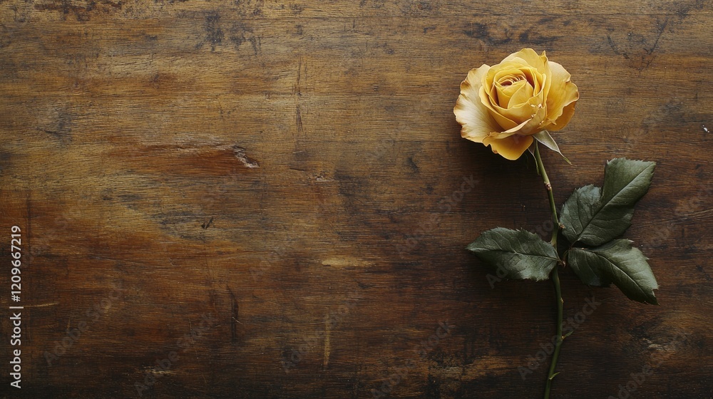 Poster Yellow rose on rustic wooden background with blank space for text or message ideal for greeting cards or postcards layout