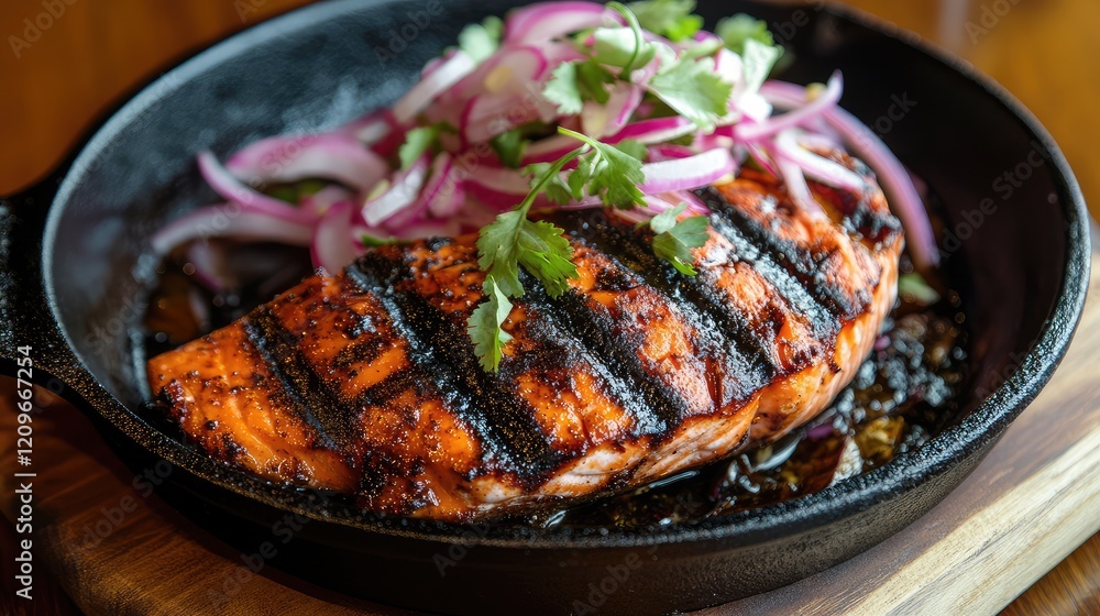 Aufkleber grilled salmon fillet on cast iron skillet with red onions and fresh cilantro garnish in warm tones 