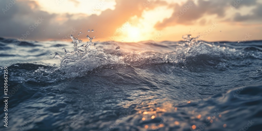 Poster sunset over ocean waves with splashes of water in foreground reflecting golden light and soft clouds