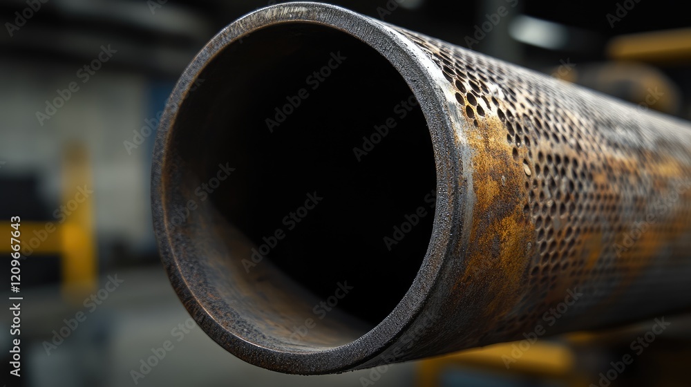 Poster close-up of a rusted steel exhaust pipe showcasing intricate details and textures in a workshop sett