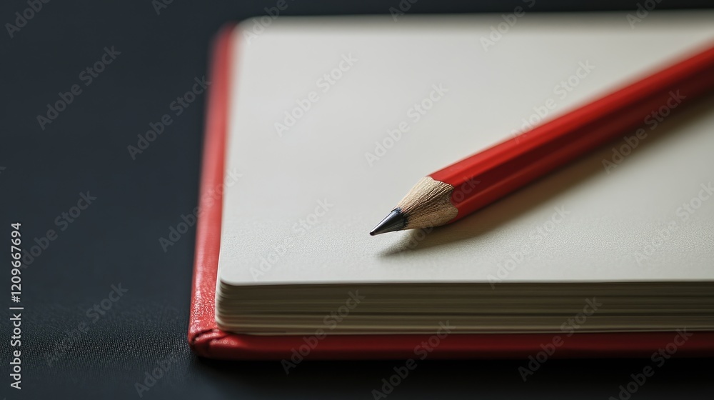 Poster Sketchbook and red pencil on a dark background inviting creativity and artistic expression in a minimalistic design setting.