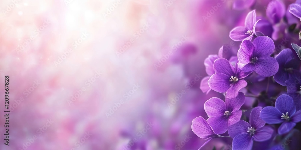 Poster vibrant violet spring flowers in soft focus with a blurred pink background creating ample space for 