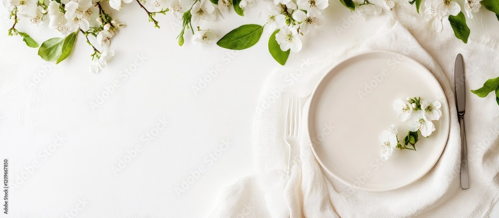 Poster elegant spring tablescape in soft whites with blooming flowers and minimalist design featuring empty
