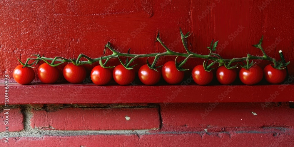 Aufkleber vibrant red cherry tomatoes on a green branch displayed on a red brick shelf with a textured backgro