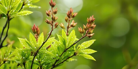 Vibrant green leaves and reddish buds of Sorbaria sorbifolia in closeup with raindrops highlighting young Schizostylis against a blurred background