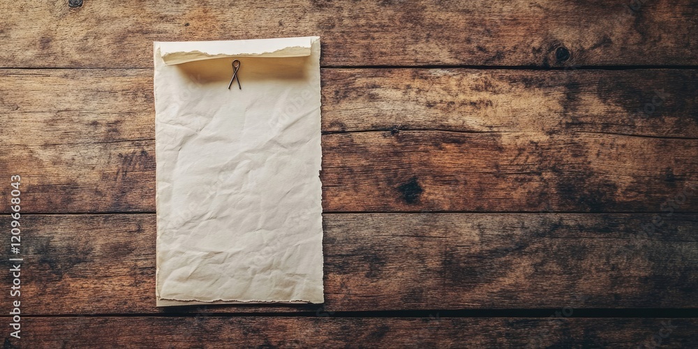 Poster aerial view of aged paper sheets secured with a safety pin on a rustic wooden table with ample space