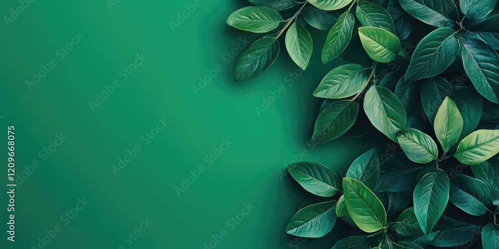Poster vibrant green backdrop with dense leafy streaks in the top right corner flat lay view featuring deep