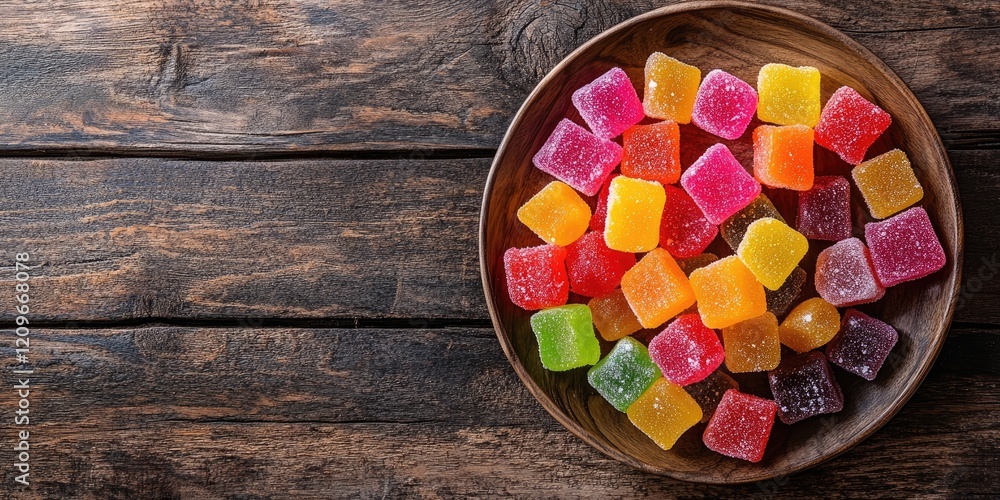 Poster colorful square gummies in a wooden bowl on a rustic wooden table captured from above with ample neg