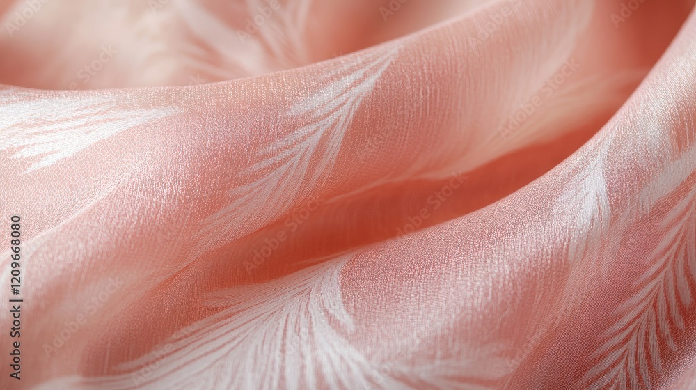 Poster Soft coral fabric with delicate feather patterns illuminated by gentle light for a calming and serene ambiance