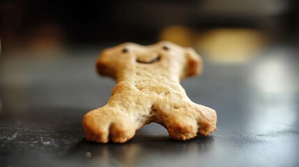 Cute dog biscuit shaped like a bone with a smiling face on a dark surface showcasing pet treats for dogs and animals.