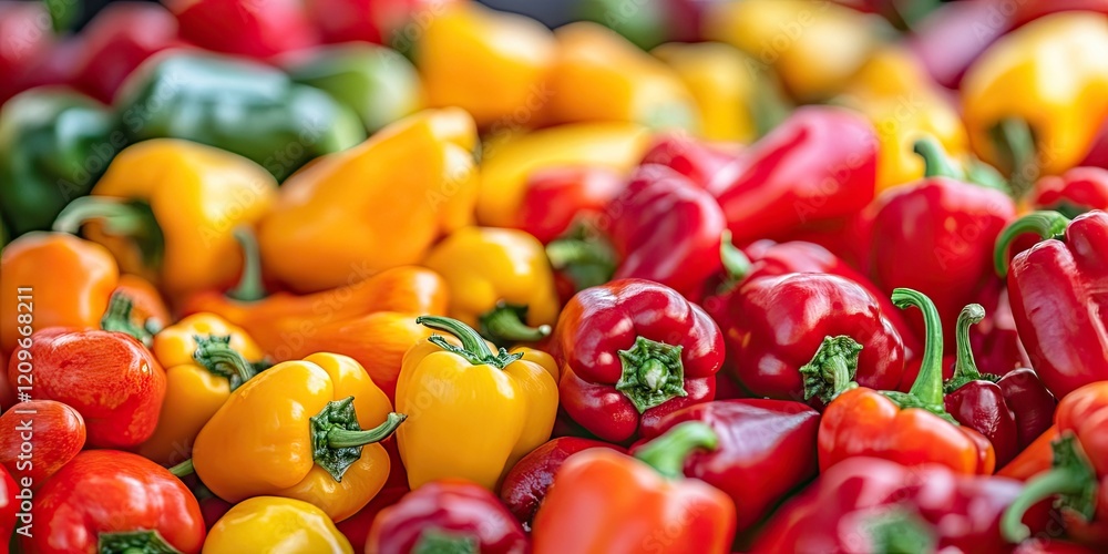 Poster colorful array of mini bell peppers and paprika in vibrant reds yellows greens and oranges arranged 