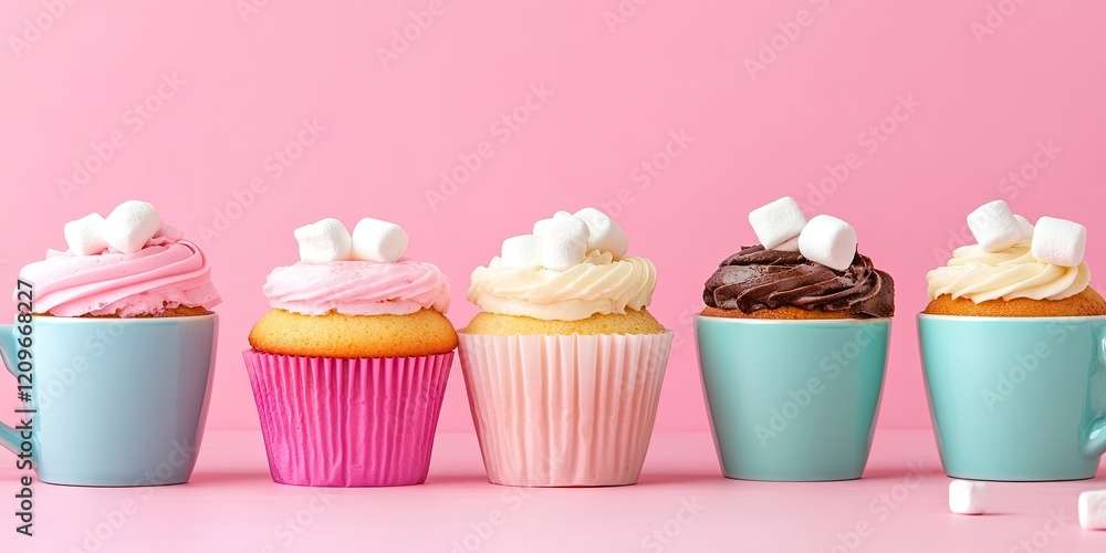 Poster colorful cupcakes with marshmallow toppings and pastel coffee cups arranged in a line on a soft pink