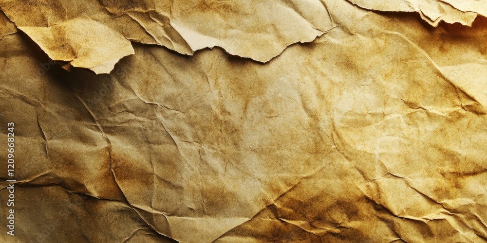 Poster crinkled vintage paper texture in warm beige tones with uneven edges and subtle dark spots creating 