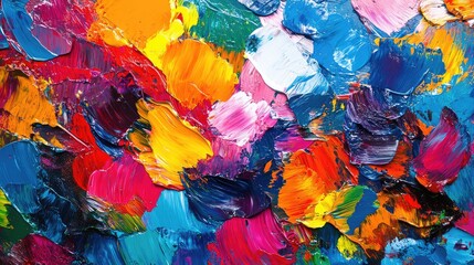 Vibrant Oil Paint Texture with Multicolored Palette on Canvas Close-Up Showing Artist's Brushwork in Vivid Blue Red Yellow and Pink Tones