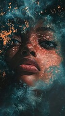 Fototapeta premium Enigmatic Woman: Abstract Portrait in Teal and Gold