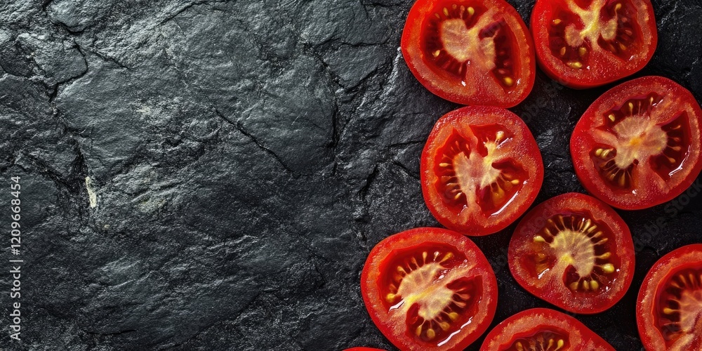 Aufkleber sliced vibrant red tomatoes arranged in a border on a textured black stone surface providing ample n