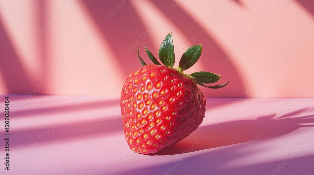 Poster Vibrant strawberry resting on a soft pink surface with shadows creating a stylish backdrop for fresh food photography or culinary art.