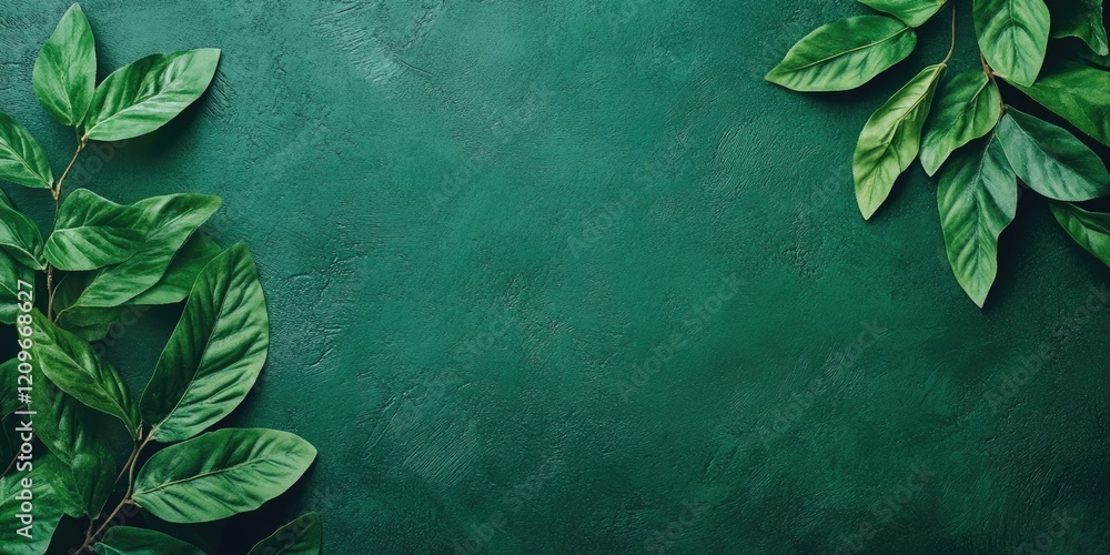Poster lush green backdrop with leafy accents in upper corners flat lay perspective ample negative space fo
