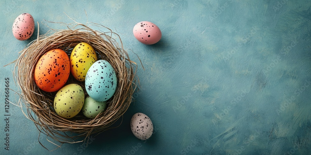 Aufkleber colorful easter eggs in a nest on a teal background with pink and orange eggs adjacent creating a fe