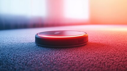 Robot vacuum cleaner with red illumination operating on textured gray carpet in a softly lit living room environment