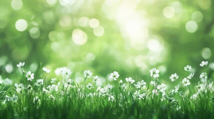 Fototapeta premium Seamless bokeh landscape featuring vibrant green grass and delicate white flowers in a blurred natural setting