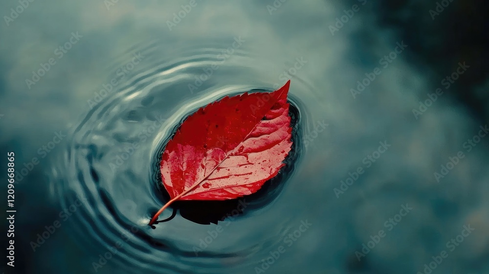 Aufkleber lonely red autumn leaf drifting on still water surface representing solitude and the passage of time