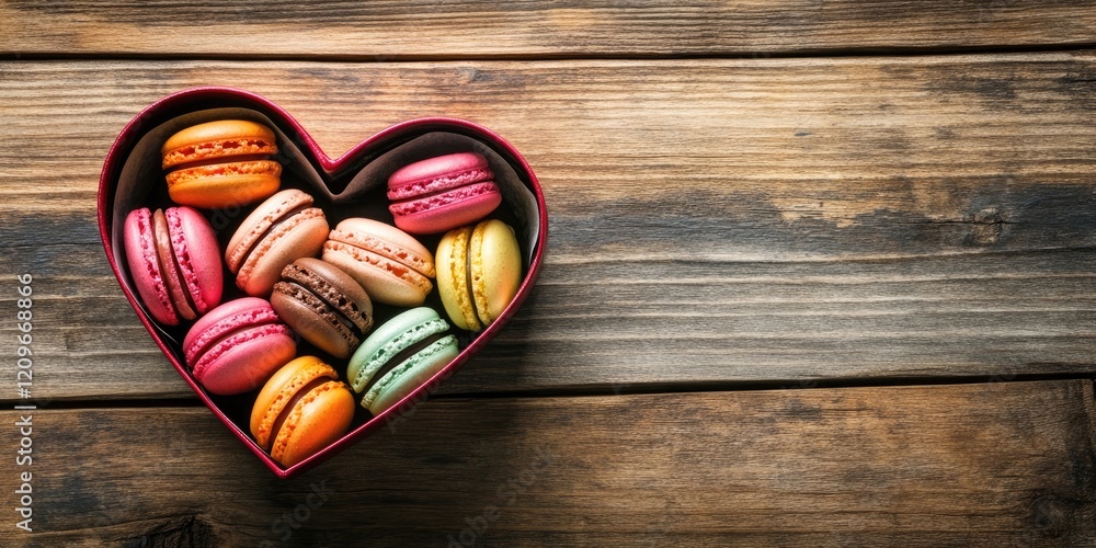 Aufkleber colorful macaroons arranged in a heart-shaped box on a wooden table with ample copy space featuring 