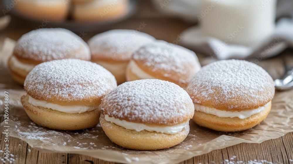 Aufkleber Czech Traditional Cookies with Vanilla Cream and Powdered Sugar on Rustic Wood Background