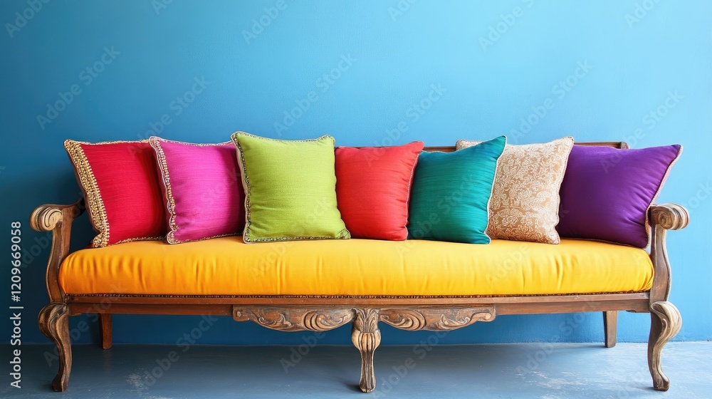 Poster vibrant sofa with colorful cushions against a bright blue wall creating a lively and inviting interi