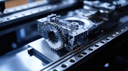 Advanced Robotic Stepper System with Gear Rack Drive in Metallic Finish on Black Surface at Close Range with Precision Engineering Focus