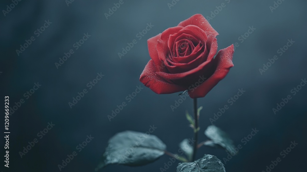 Poster elegant close-up of a single red rose with a soft focus background ideal for romantic themes and flo