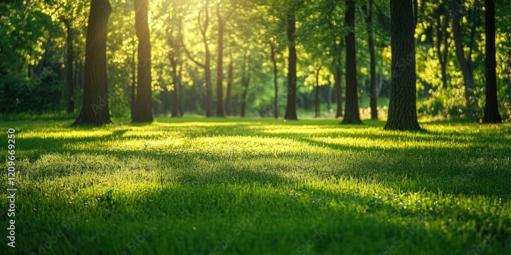 Aufkleber lush green grass illuminated by golden sunlight in a tranquil forest setting with tall trees casting