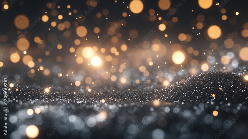 Poster abstract shimmering bokeh background with silver and gold glitter lights creating a dreamy and festi
