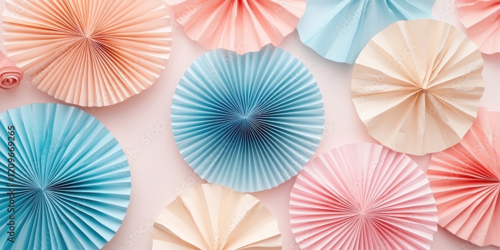 Poster colorful paper rosettes in soft pastels of blue pink and cream arranged in a random pattern on a lig