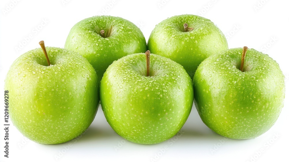 Poster fresh green apples with water droplets arranged on a white background showcasing their vibrant color