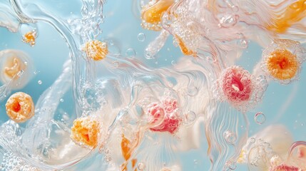 Vibrant underwater scene with colorful bubbles and ribbons showcasing skincare products against a calming aquatic backdrop