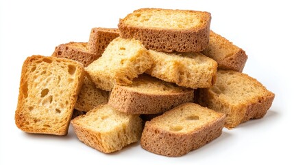 Fototapeta premium Stack of golden rusks on white background perfect for breakfast or snack ideas with a focus on texture and crunch