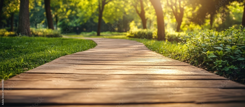 Poster tranquil wooden pathway winding through a lush green park illuminated by soft sunlight with ample em
