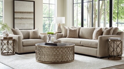 High-end living room featuring a Mocha Mousse sofa set, accented by metallic side tables and geometric decor