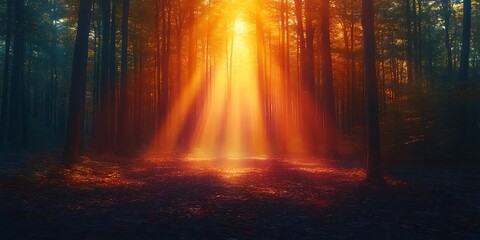 Obraz premium Sunbeams illuminating a mystical forest.