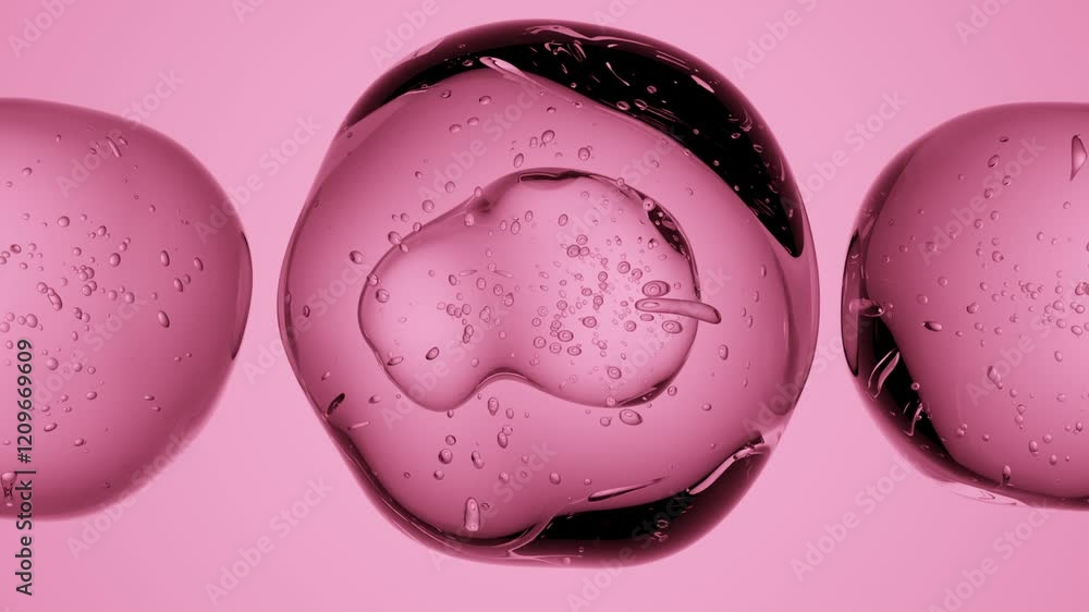Poster looping 3d animation of transparent liquid drops with air bubbles rotating in circular motion over a