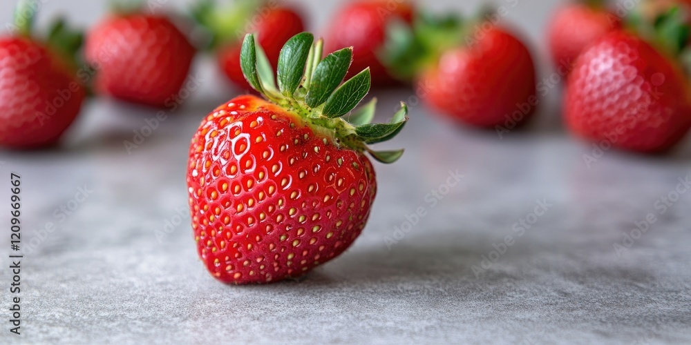 Poster fresh ripe strawberries in vibrant red color arranged against a soft gray textured background with s