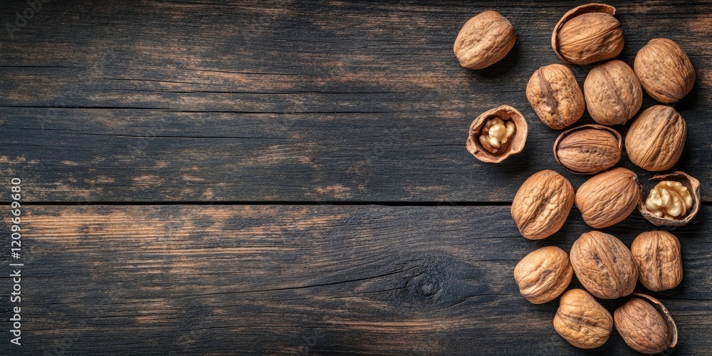 Poster walnuts scattered on a dark wooden surface with a blank space for text on the left side creating a r