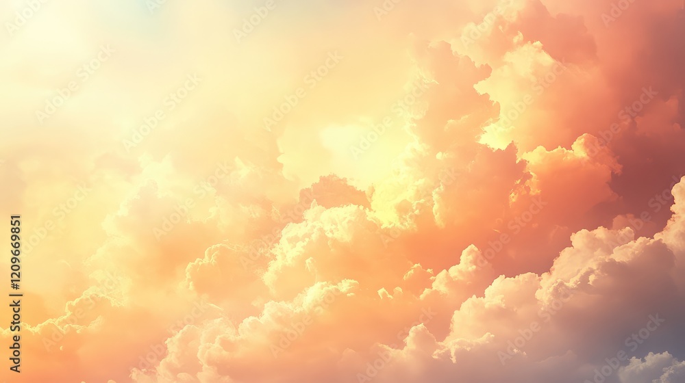 Poster soft focus sunset sky with illuminated clouds in warm peach and yellow tones against a tranquil back